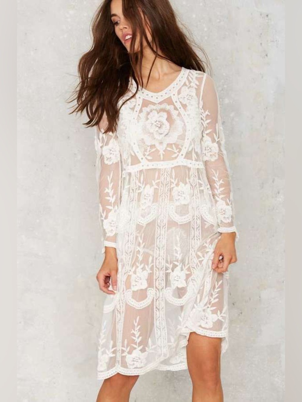 RAGA White Sheer Floral Embroidered Bohemian Dress NWT